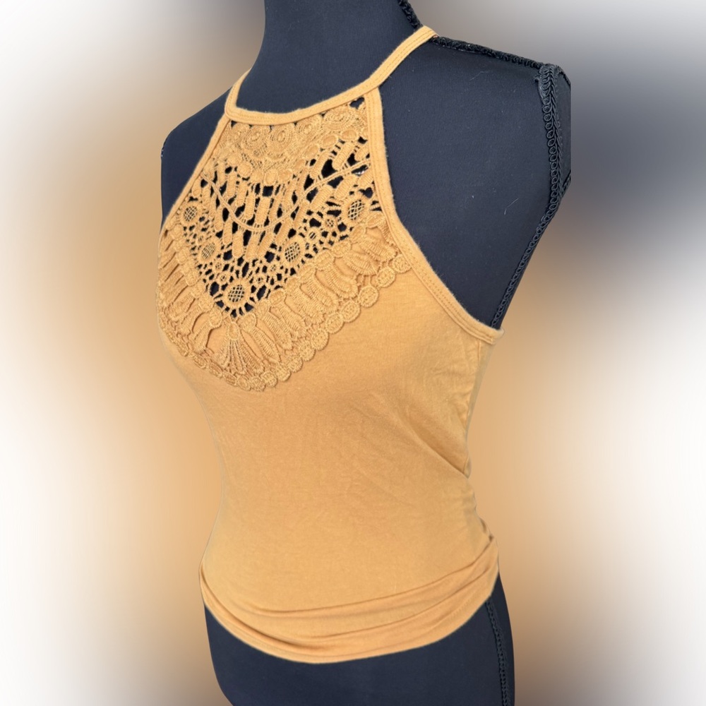 Women's Crochet Yoke Halter Tank Top - Mustard Size Medium